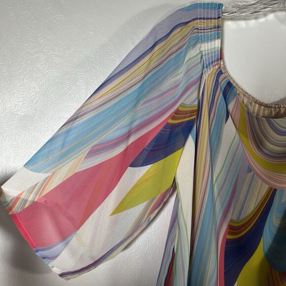 Trina Turk Amaris Rainbow Reflections Off Shoulder Shift Dress Womens Sz 2 NEW - Picture 13 of 16